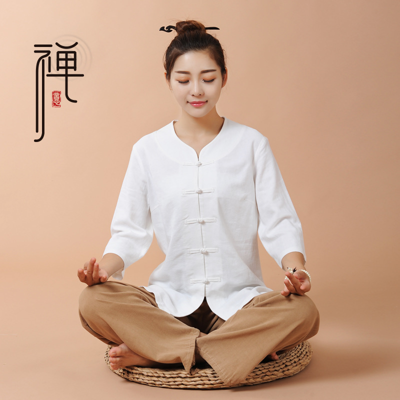 女棉麻瑜伽运动套装居士服禅服打坐服茶艺中医技师养生服浓惠6058