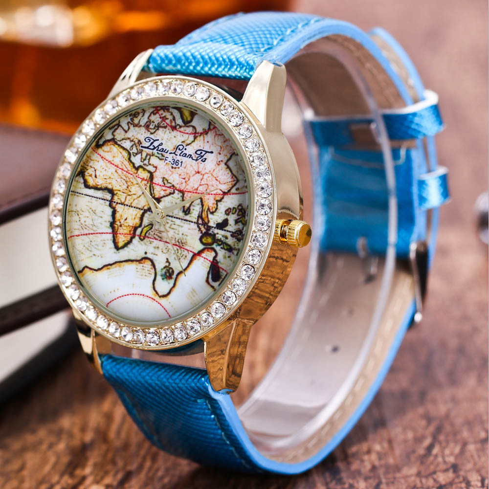周连发zhoulianfa 流行高档生活防水手表 水晶纹皮革情侣地图手表
