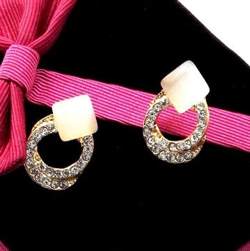 随变 韩国韩版耳饰 ol气质圆形双圈缠绕 镶钻石猫眼石方形耳钉耳