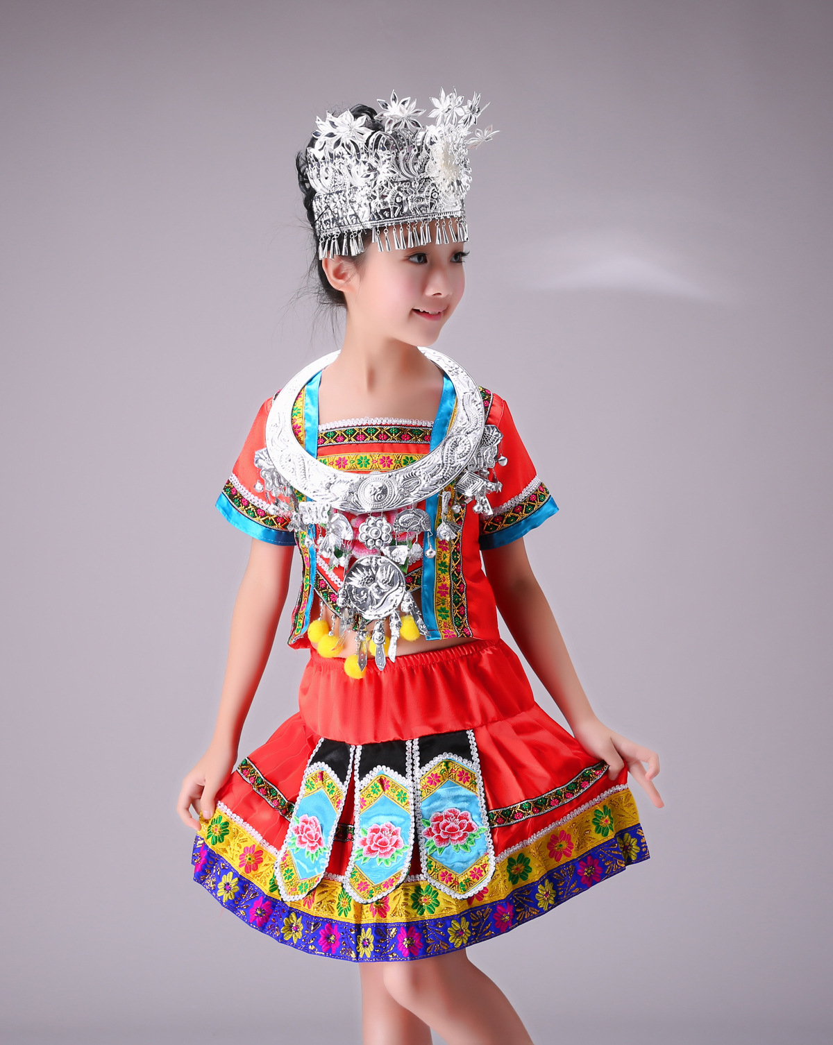 六一儿童苗族服装女舞蹈少数民族演出服装土家壮族儿童表演服批发