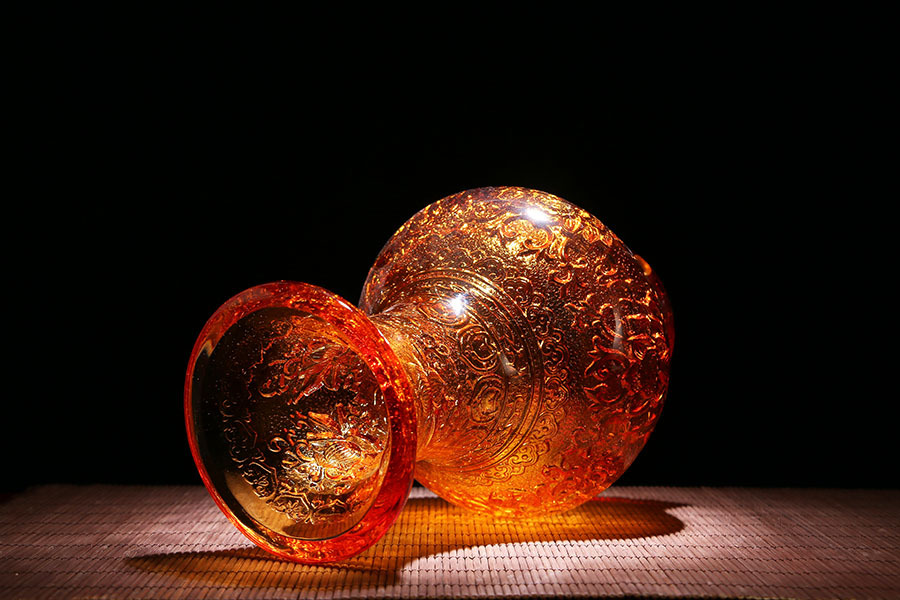 圆通佛具佛前供具古法琉璃内雕莲花花瓶 花尊