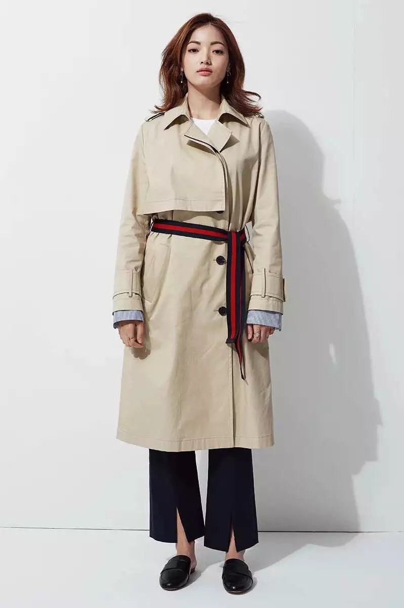 百家好2017春款韩版翻领拼接中长款纯色风衣外套女配腰带mrca120a