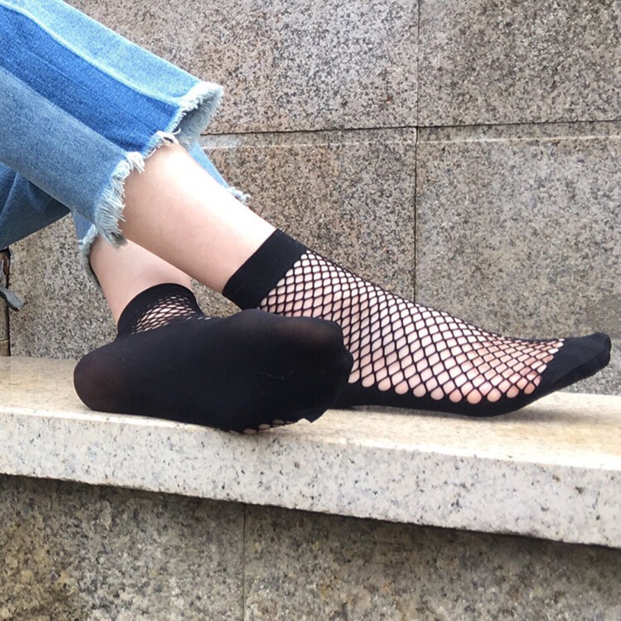 脚底加固渔网袜短袜子女士欧美黑色韩国韩版鱼网眼网格丝