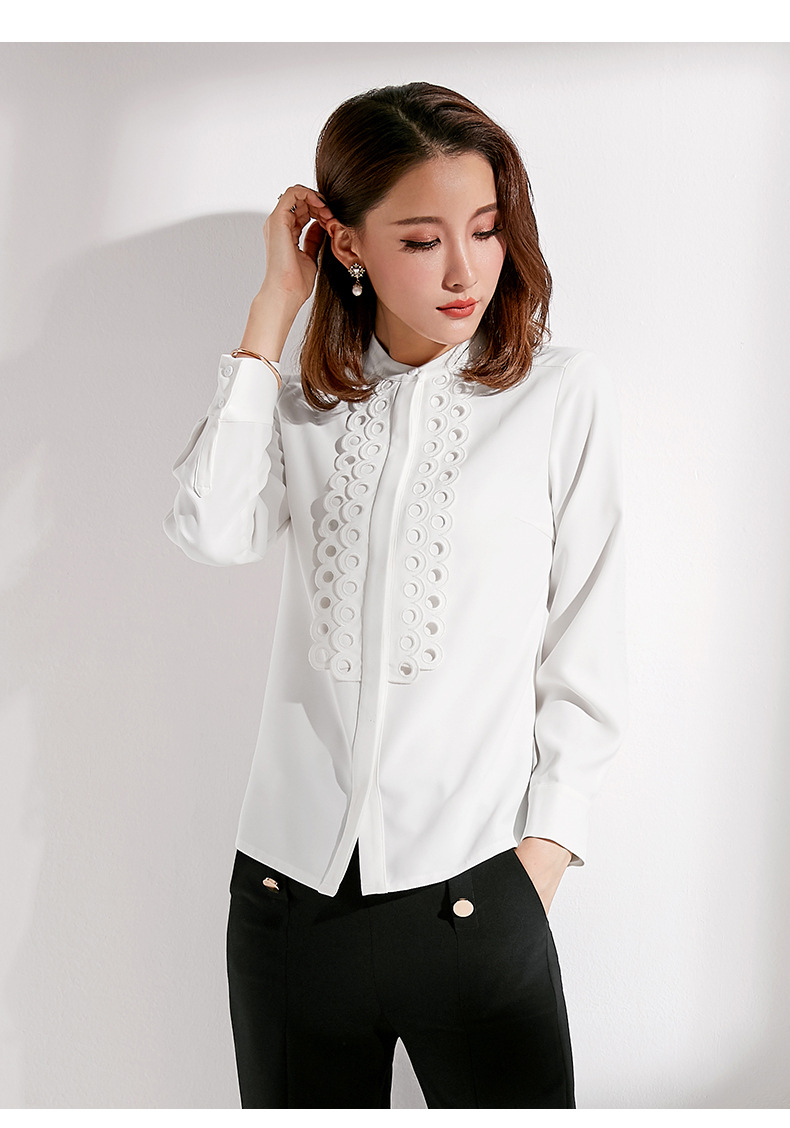 2018春装新款时尚女装修身显瘦开衫气质长袖花边小立领白色衬衫女