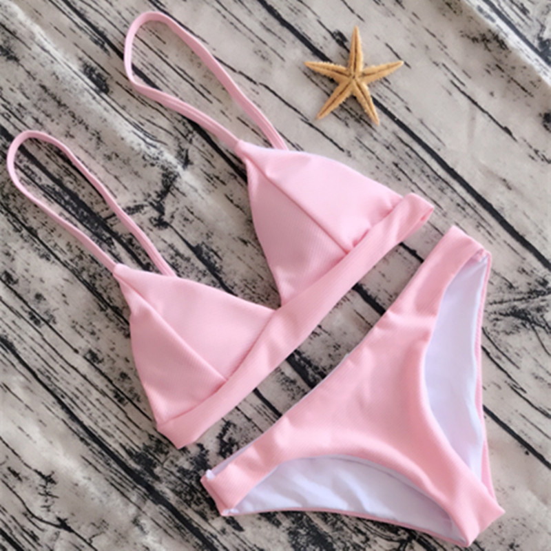 速卖通外贸爆款纯粉色v型比基尼 欧美分体泳衣 特殊面料泳装