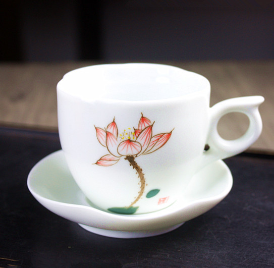 景德镇高温无光白釉陶瓷杯手绘荷花套咖啡杯花茶杯创意礼品可