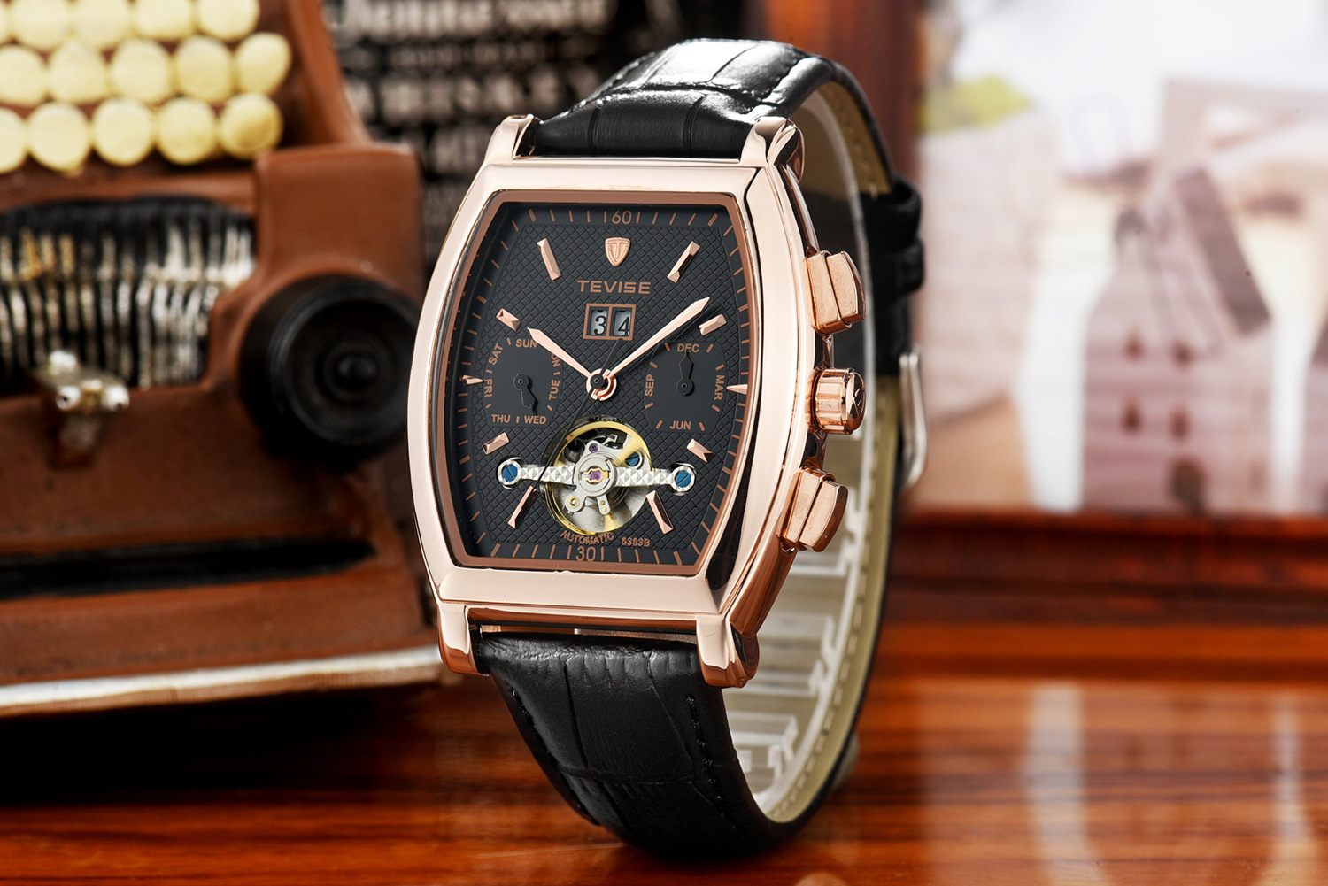 tevise/特威斯8383b全自动机械表陀飞轮手表多功能商务男士手表