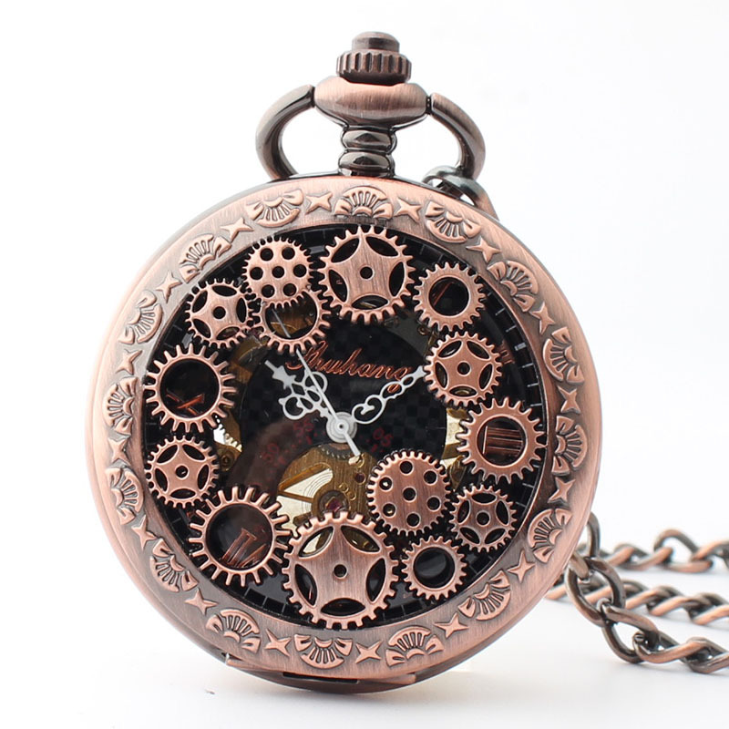 复古做旧齿轮怀表 学生翻盖镂空亚克力镜面圆形表 男士机械表批发-阿