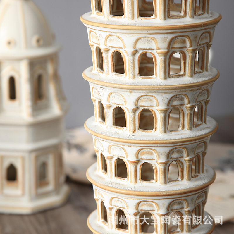 Factory Wholesale Simple Creative Hair Matte Beige Glaze Pizza Leaning Tower Ceramic Home Decorative Crafts Ornaments