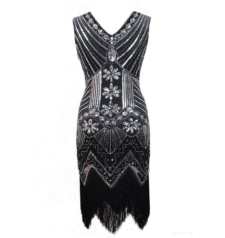 Sequin Studded Beaded Dress V-neck Tassel Gown