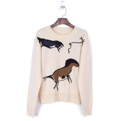 迪家同款18年早春款两匹马野马动物图案针织衫毛衣