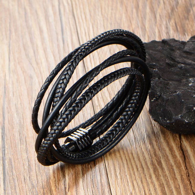 钛钢饰品 亚马逊批发黑色编织皮手镯 男士皮绳手链 欧美外贸-阿里巴巴