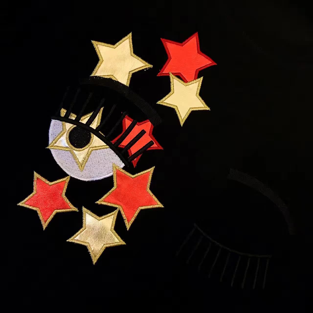 2017春夏新款 女款圆领纯棉短袖体恤 刺绣眨眼拼皮星星