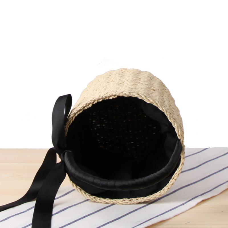 New Cylinder Hand Carrying Straw Bag Summer Vacation Woven Bag Portable Bucket Ribbon Leisure Bag