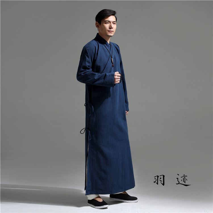 新中式男装 民国风复古亚麻长衫盘扣系带斜襟禅服宽松大褂男上衣