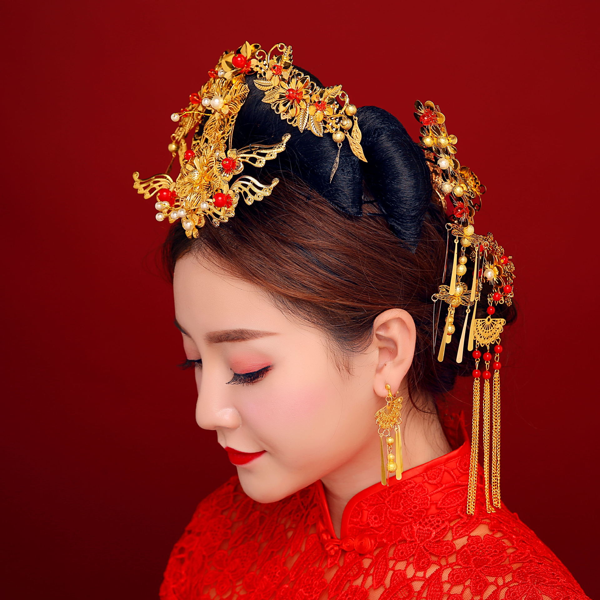 新娘古装头饰结婚秀禾服中式复古民族风红色演出饰品秀禾服龙凤褂