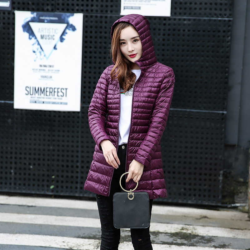 cross-border supply new korean style lightweight down jacket women‘s mid-length hooded slim fit large size coat manufacturers supply