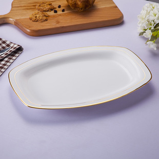 金边12寸方鱼盘景德镇优质骨瓷手工描金酒店摆台长方形盘西餐盘子