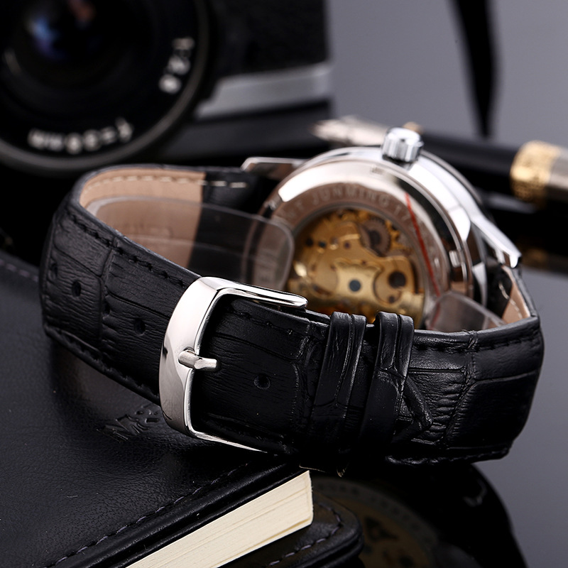 junming镂空大表盘防水皮带男士全自动机械表时尚商务手表学生表