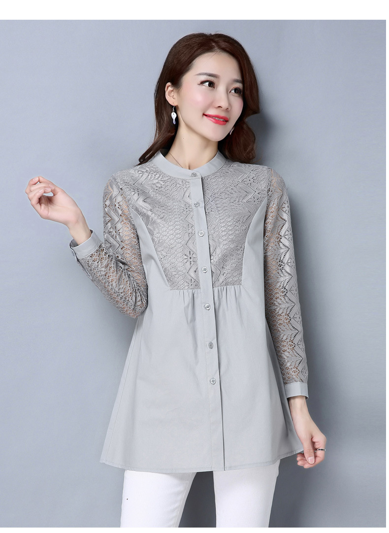 衬衫女蕾丝中长款纯棉2017春装时尚百搭纯色简约立领精品女装衬衣