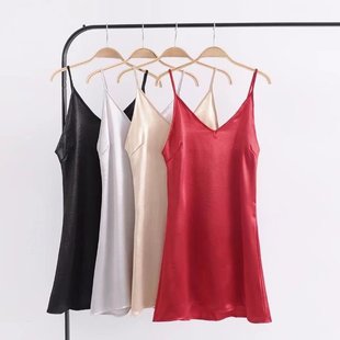 2018春款欧美慵懒睡衣风缎面a字挂脖吊带裙连衣裙女装批发