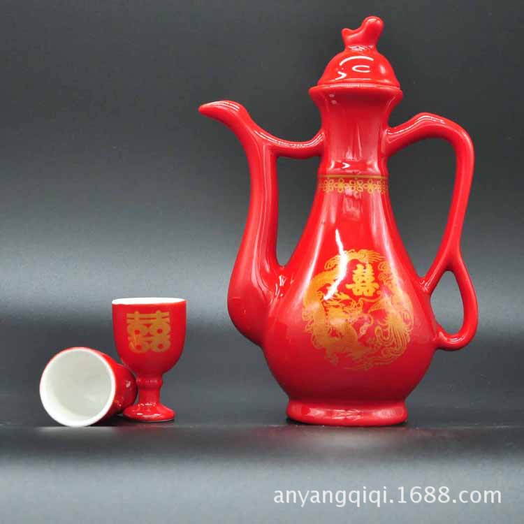 Wedding Happy Wine Pot Set Happy Dragon and Phoenix Red Wedding Celebration Ceramic Wine Pot Wine Glass Combination Wholesale