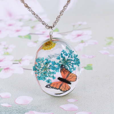 简约时光宝石椭圆项链手工滴胶双面宝石蕾丝蝴蝶项链玻璃干花