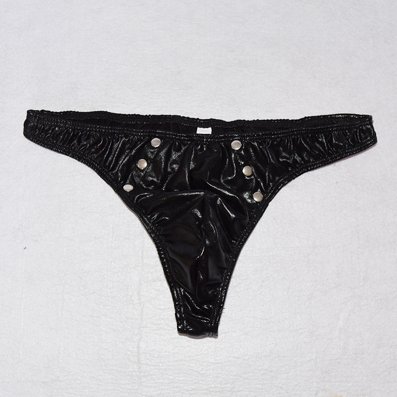 男士情趣皮内裤 黑色pu漆皮铆钉性感u凸丁字裤情趣内衣t裤4117