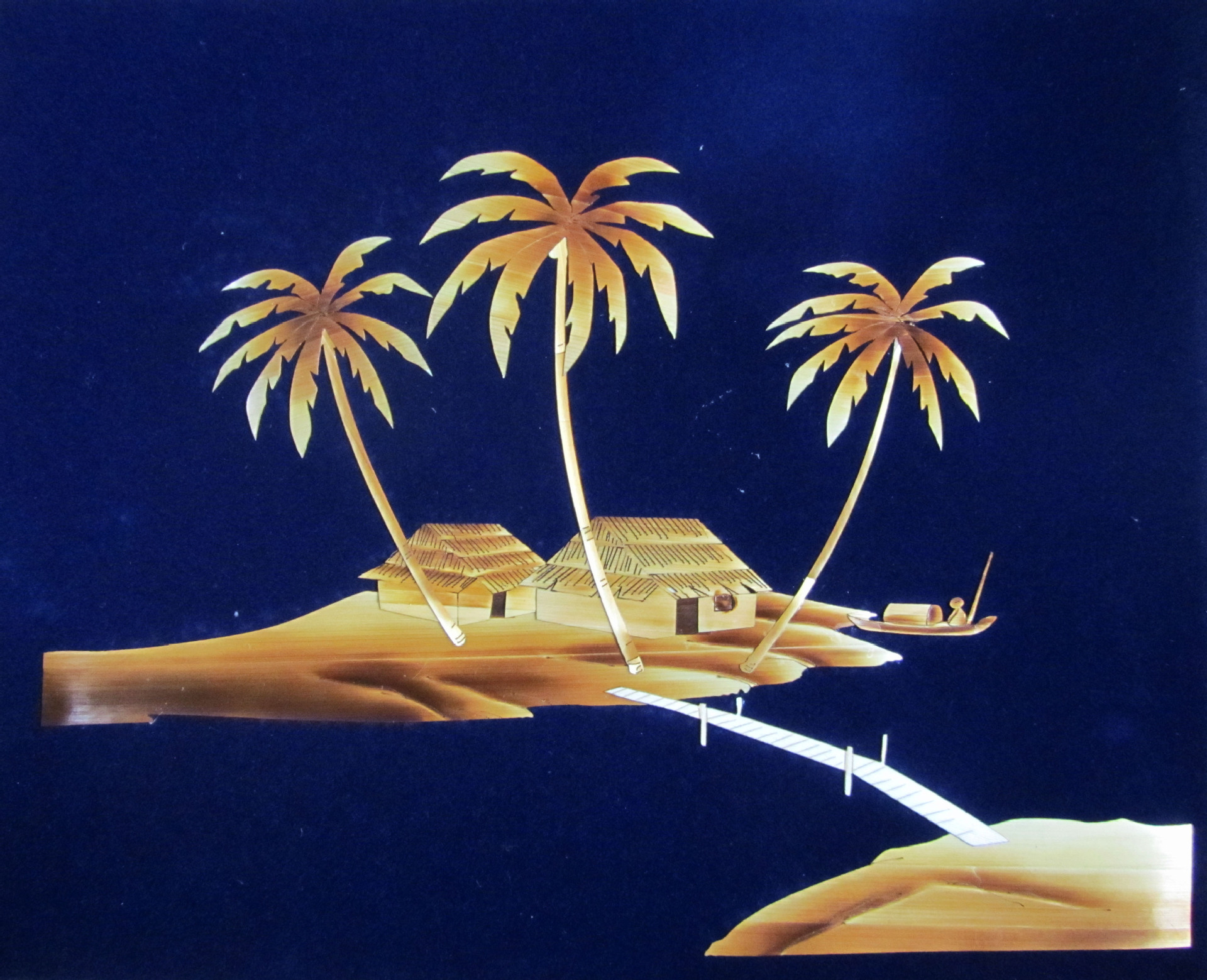 供应手工工艺品 纯手工 蓝绒布底麦秆画 芦苇画 绿洲 厂家批发