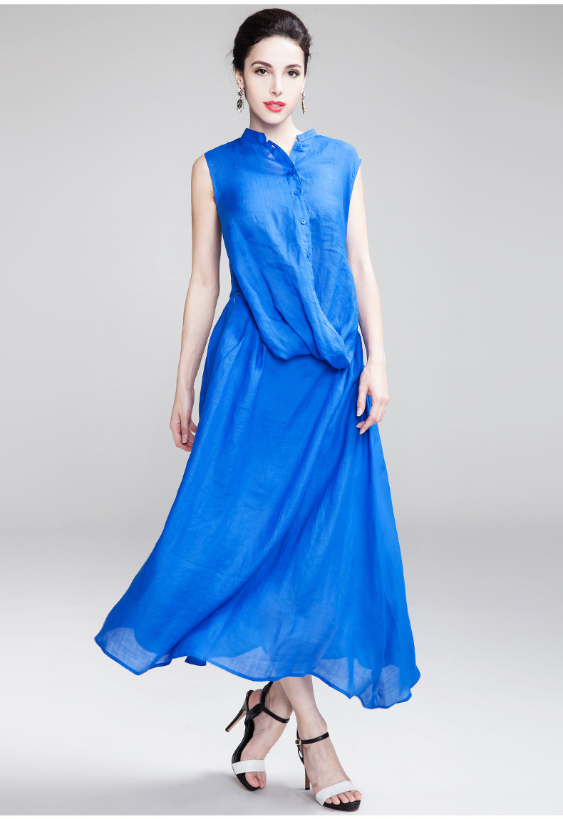 2017新款简约纯色立领收腰显瘦无袖麻棉中长裙连衣裙女夏装