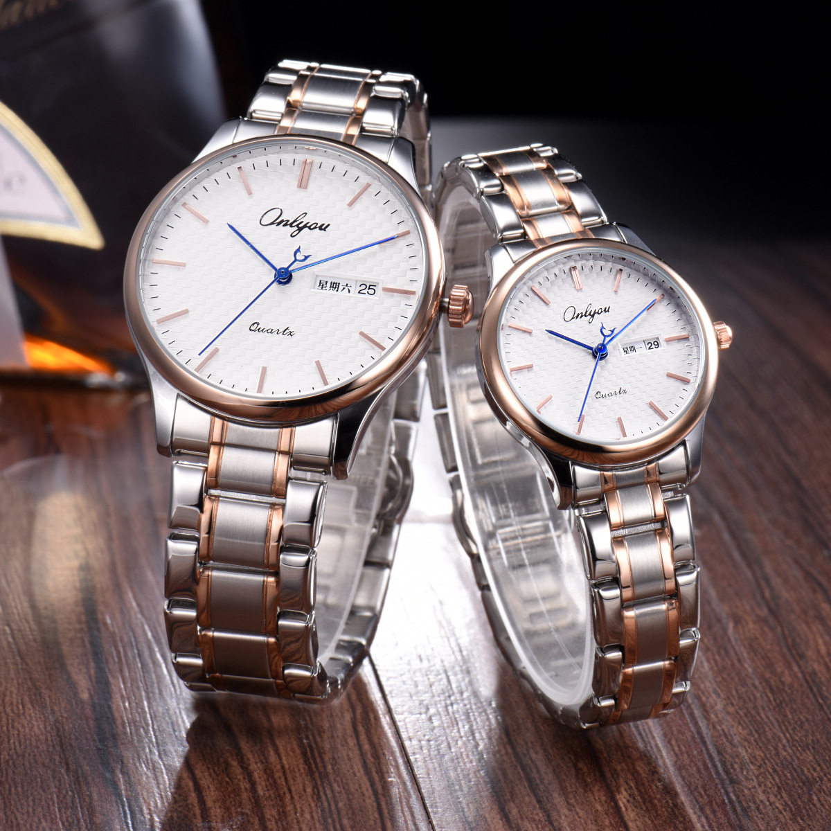 双日历情侣表薄款钢带男女表一对学生韩版简约时尚潮流防水石英表