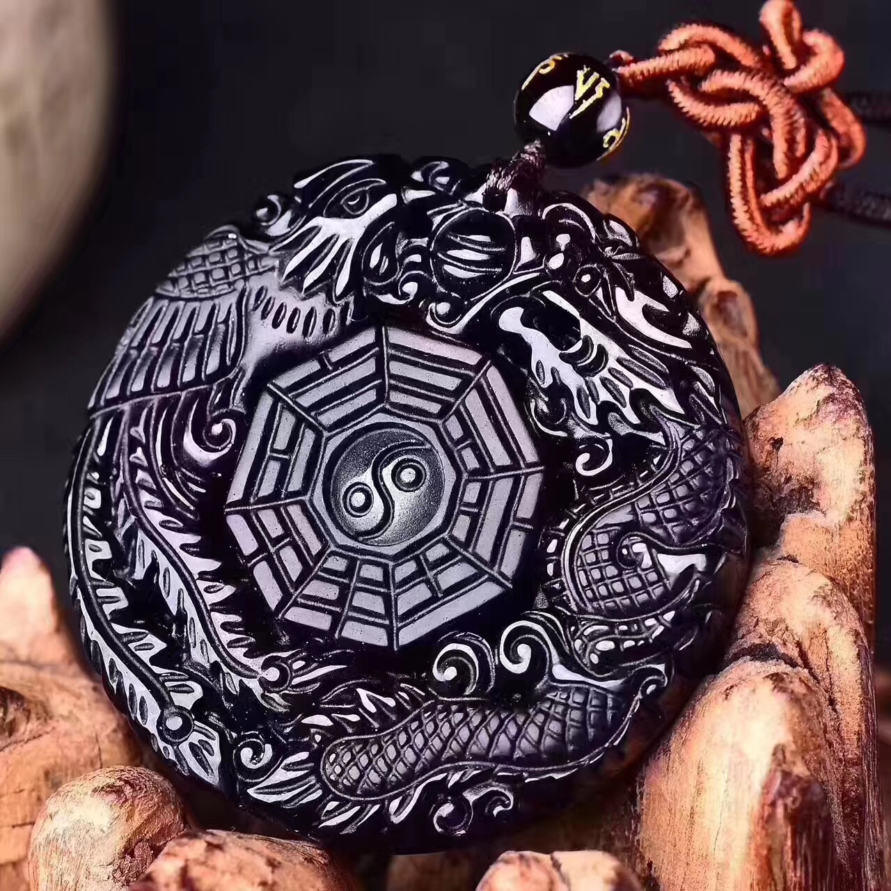 天然黑曜石龙凤八卦吊坠 男女款金曜石雕刻龙凤八卦挂坠批发