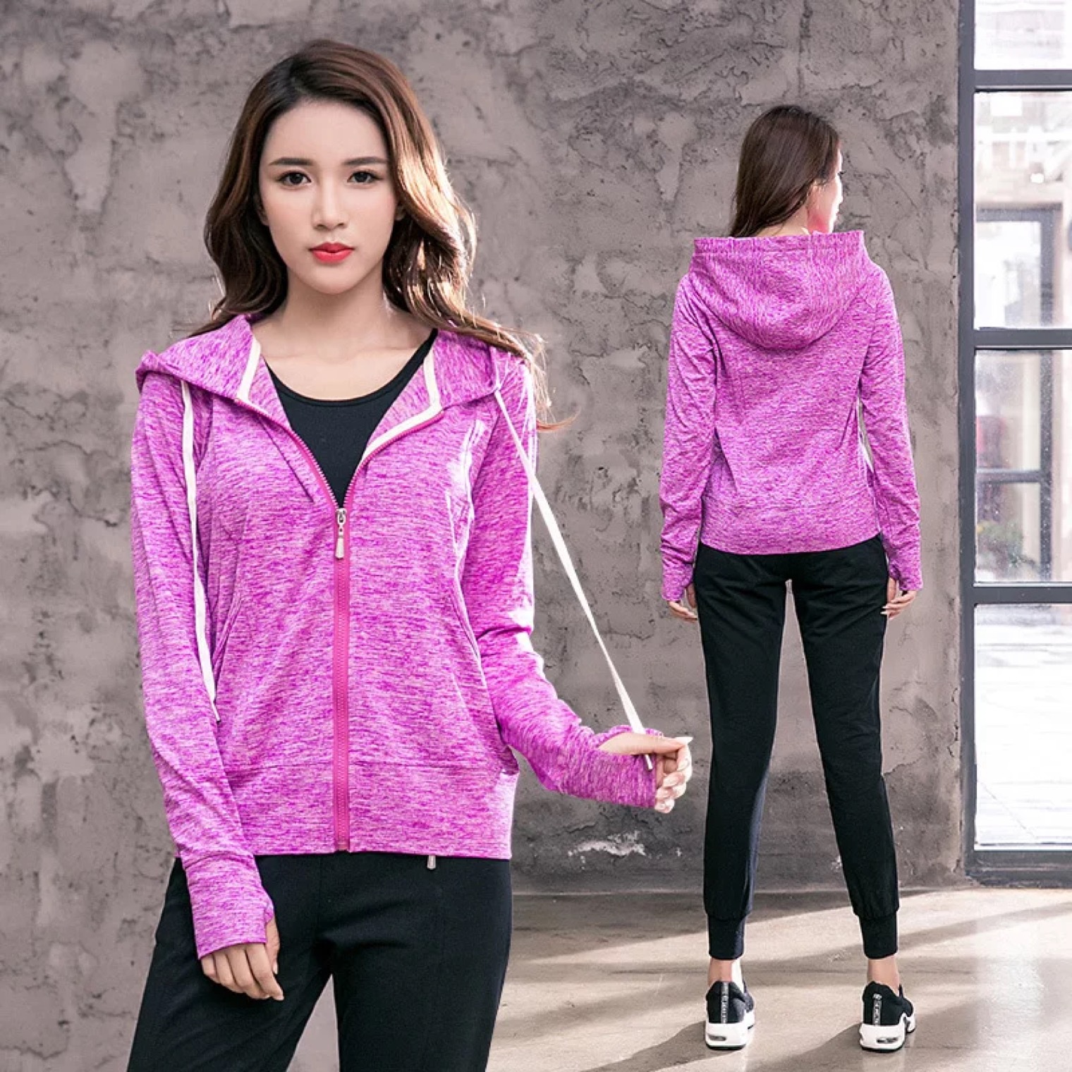 2018新款长袖女跑步加厚健身衣瑜伽服两件套女速干透气运动套装