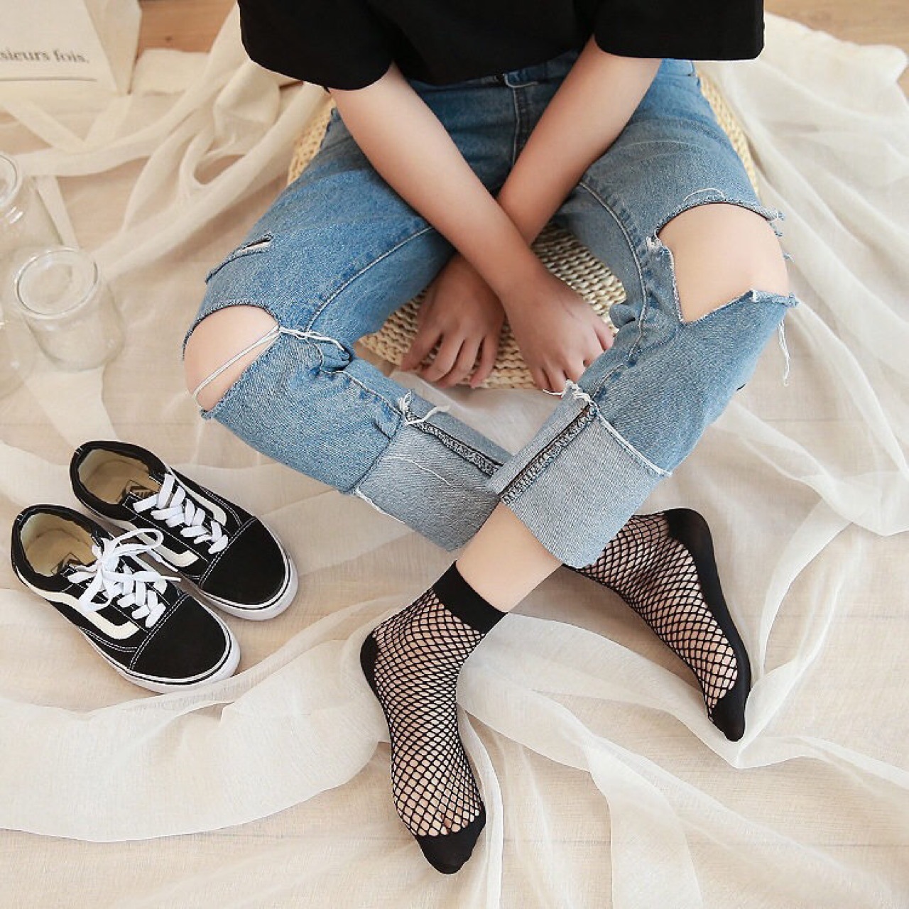 脚底加固渔网袜短袜子女士欧美黑色韩国韩版鱼网眼网格丝