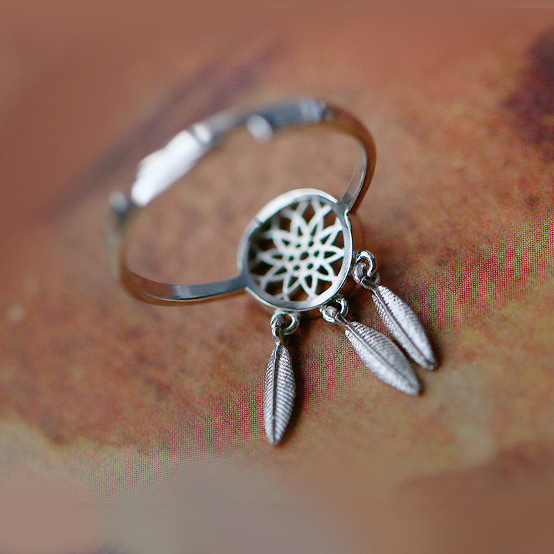 s925纯银羽毛捕梦网戒指吊坠食指戒女简约开口百搭混搭甜美日韩版