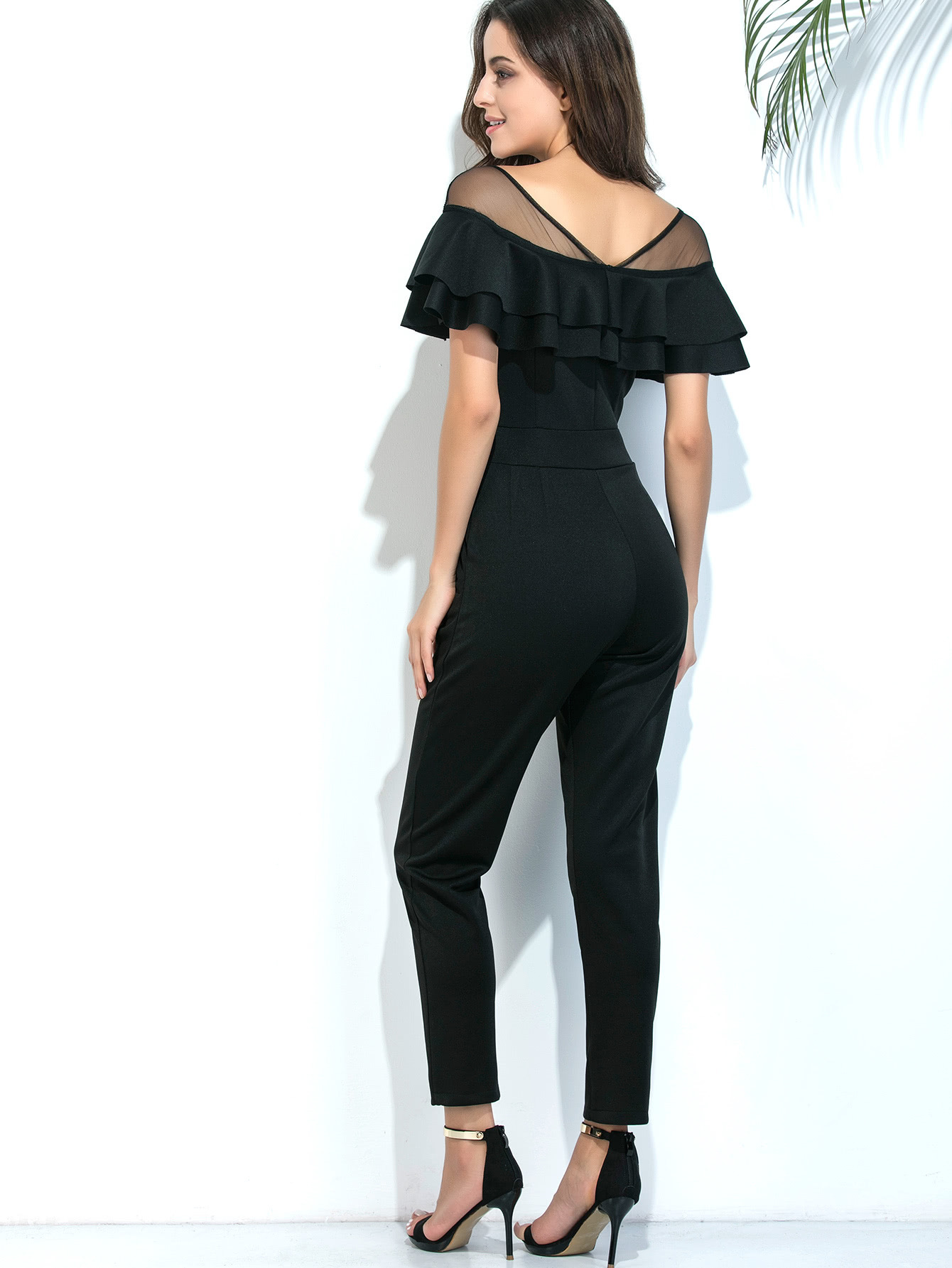 一件代销 速卖通欧美时尚性感连体裤网纱拼接修身连衣裤长裤现货