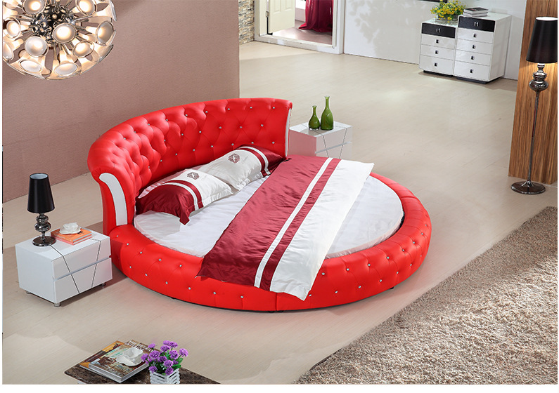休闲时尚会所红色镶钻双人圆床 皮艺圆形婚床酒店圆床批发