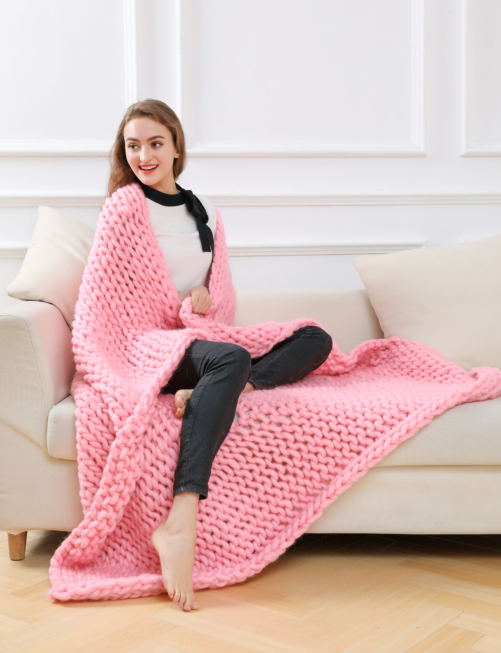 粗毛线手工编织毯子拇指粗针织毯毛线沙发盖毯亚马逊热销粗线毯子