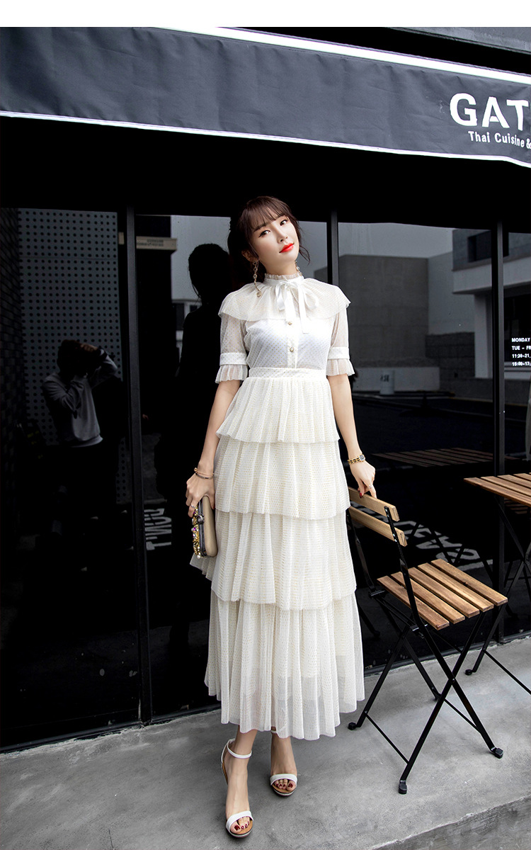 欧美复古闪金光网纱蛋糕淑女连衣裙