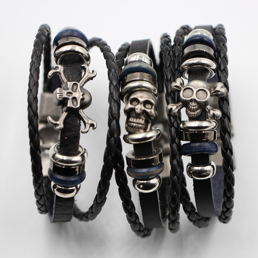 新款欧美复古手工编织朋克真皮手链 不锈钢骷髅头手链 男士手饰