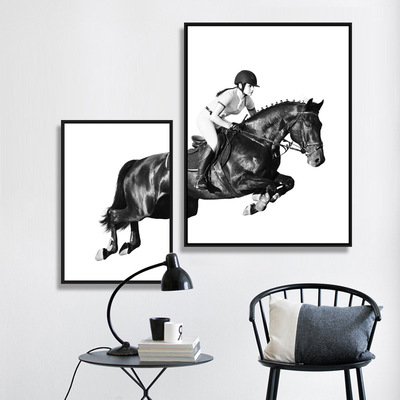 双联北欧骏马奔马黑白摄影装饰画现代简约有框画沙发墙画