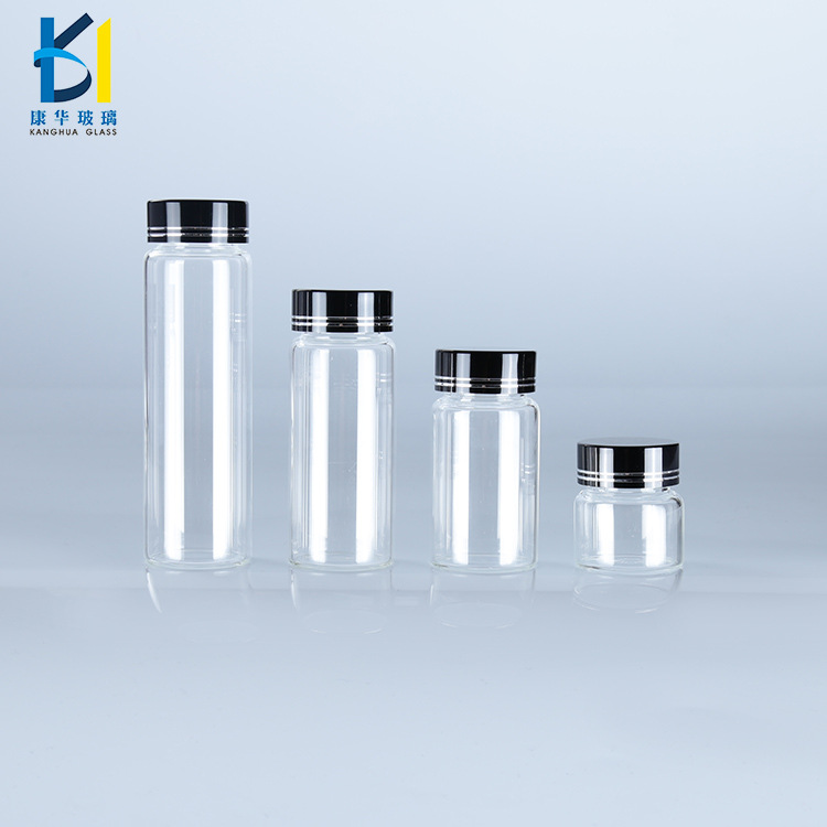 直径37螺口系列黑盖玻璃瓶透明玻璃虫草瓶各规格小药瓶厂家直销
