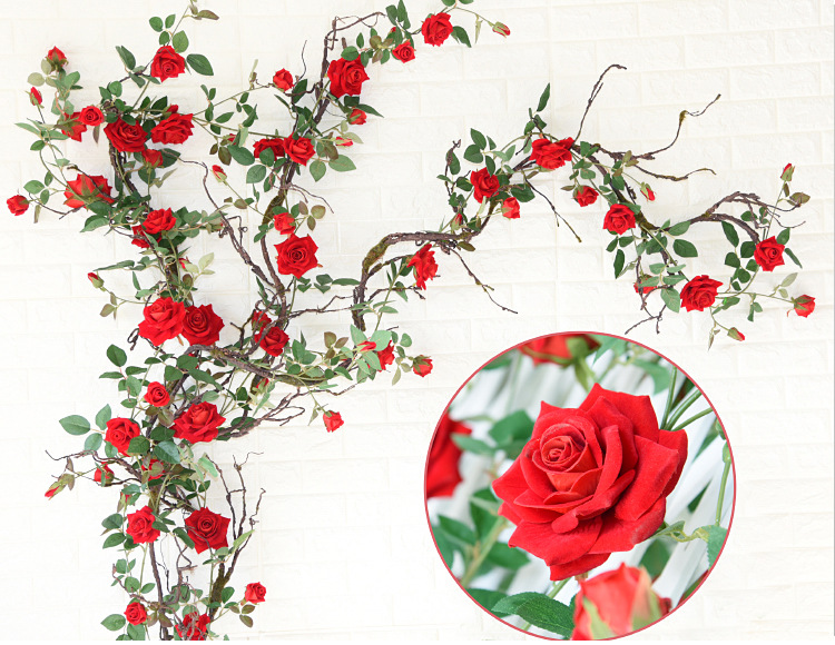 【欧丽菲】绒布玫瑰花藤 园艺花卉装饰人造角瑰假花塑料挂壁藤蔓