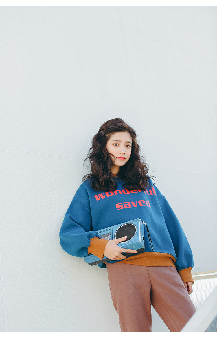 [纤嫚]2017秋冬新款韩版字母印花加入套头长袖圆领卫衣女