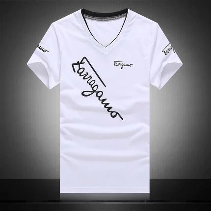 夏季新款男士短袖t恤v领英文印花男体恤青少年修身半袖潮流上衣服