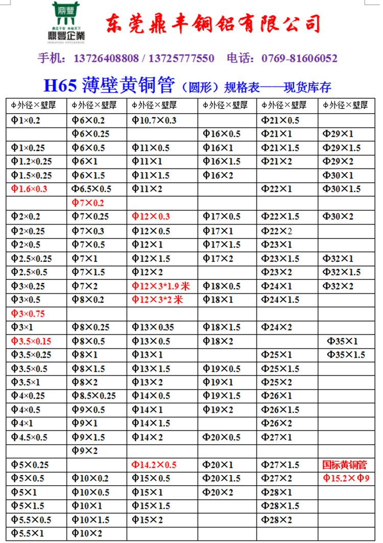 黄铜管规格表