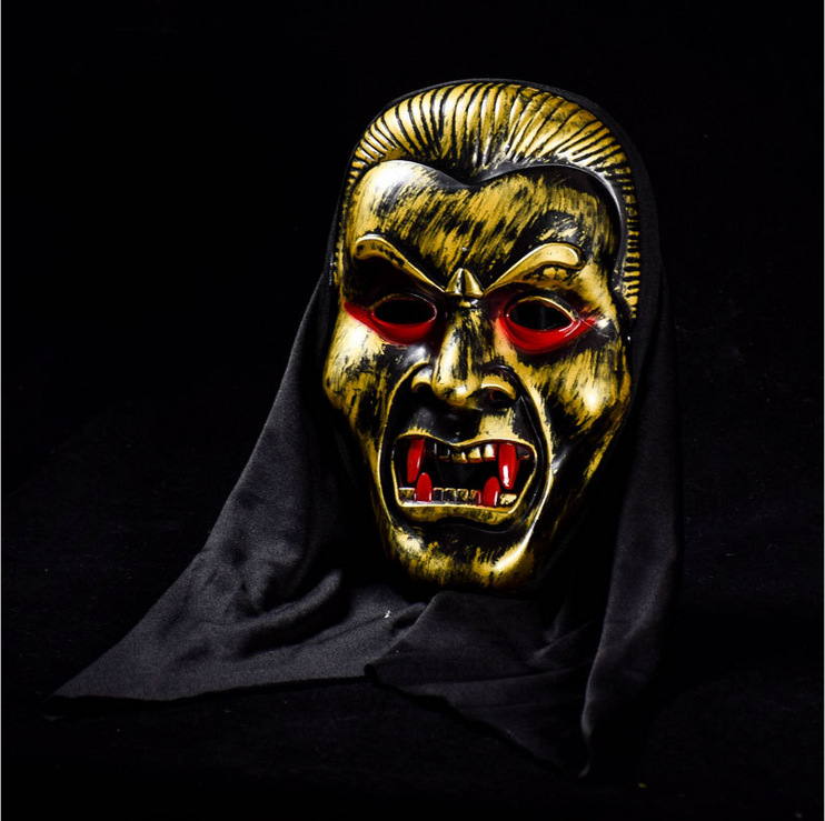 万圣节恐怖黑布套头吸血鬼面具鬼节整人道具金色獠牙复古恶魔面具