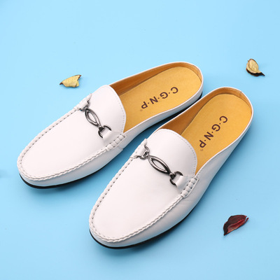 男士懒人凉拖鞋欧美个性真皮软底一脚蹬休闲潮鞋夏季圆头豆豆鞋