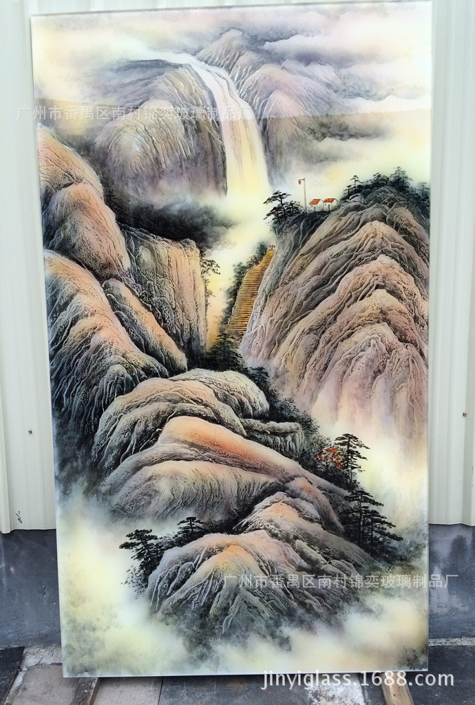 步步高升 艺术山水画 玻璃山水画 客厅艺术玻璃背景墙