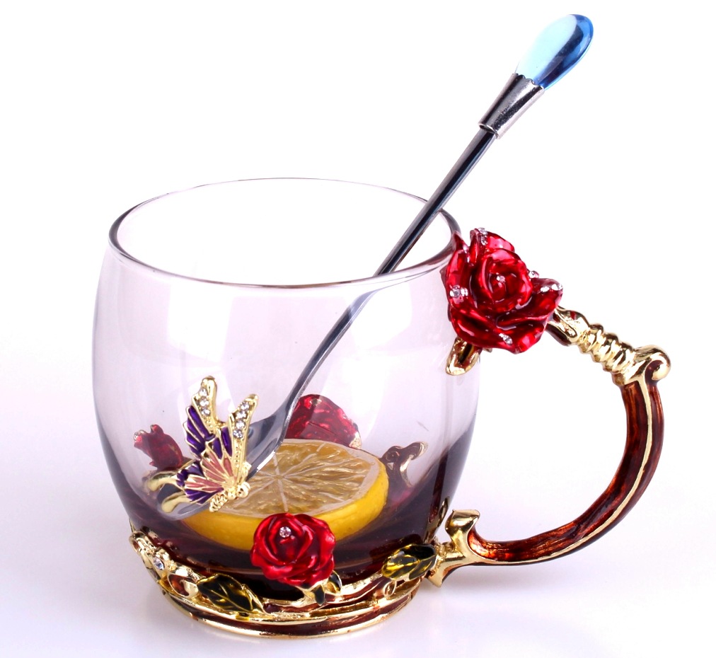 新珐琅彩玫瑰花水杯耐高温茶杯蓝玫瑰红玫瑰花茶杯送朋友茶具套装